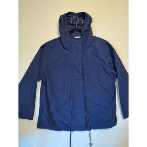 Eileen Fisher Organic Cotton Nylon Rain Jacket Blue‎ Button Hooded Size XL
